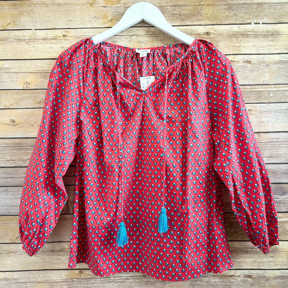 J. Crew Top Women’s Size XXS Raglan Cotton Popover Red Blue Floral NWT